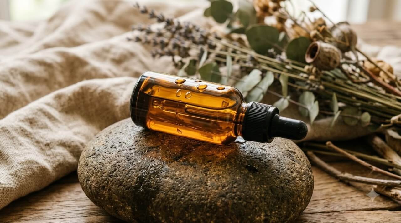 natural face serum in an amber glass dropper bottle on a stone surface