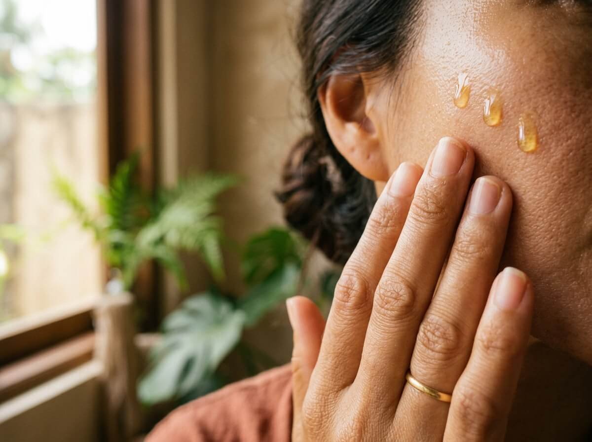 applying a natural face serum as part of a daily ritual