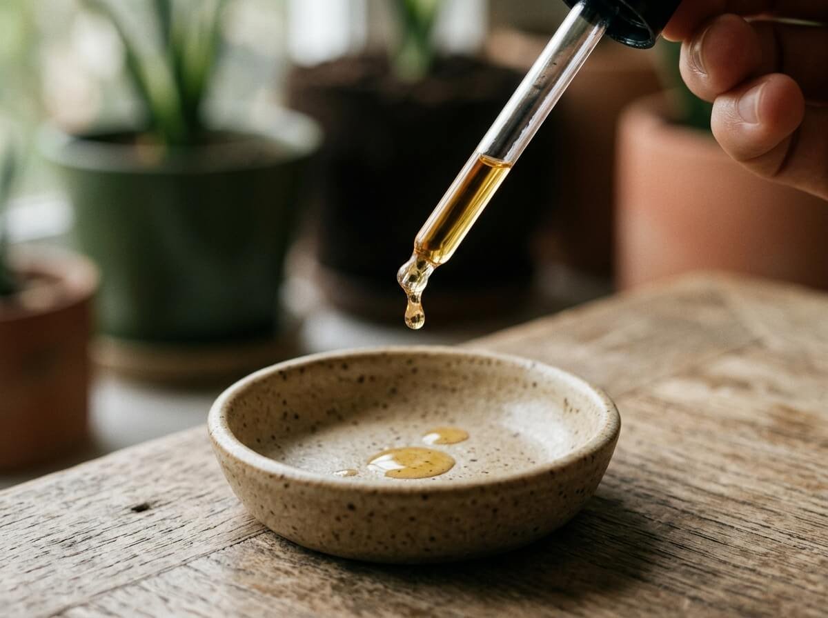 a drop of natural face serum released from a glass pipette