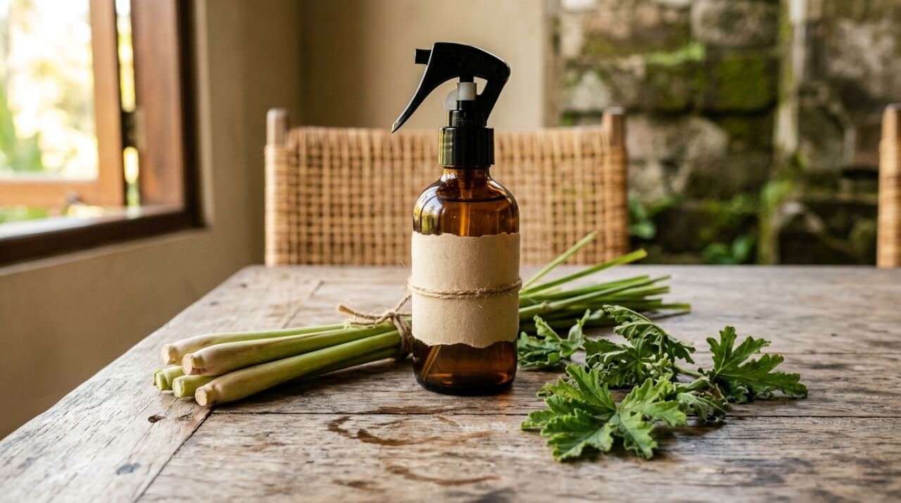 natural mosquito repellent spray with lemongrass and citronella on a teak table
