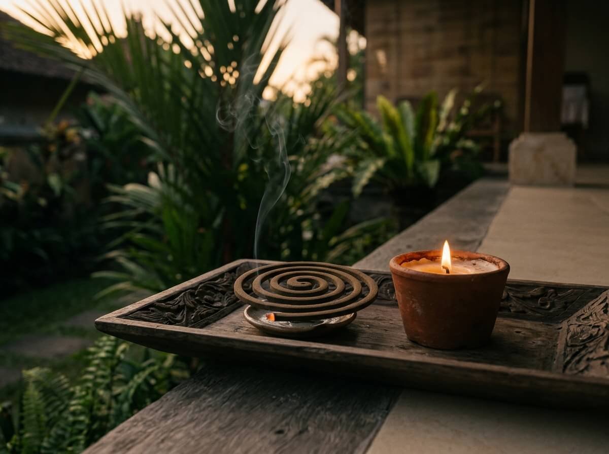 natural mosquito repellent incense and candle on a Balinese porch at dusk