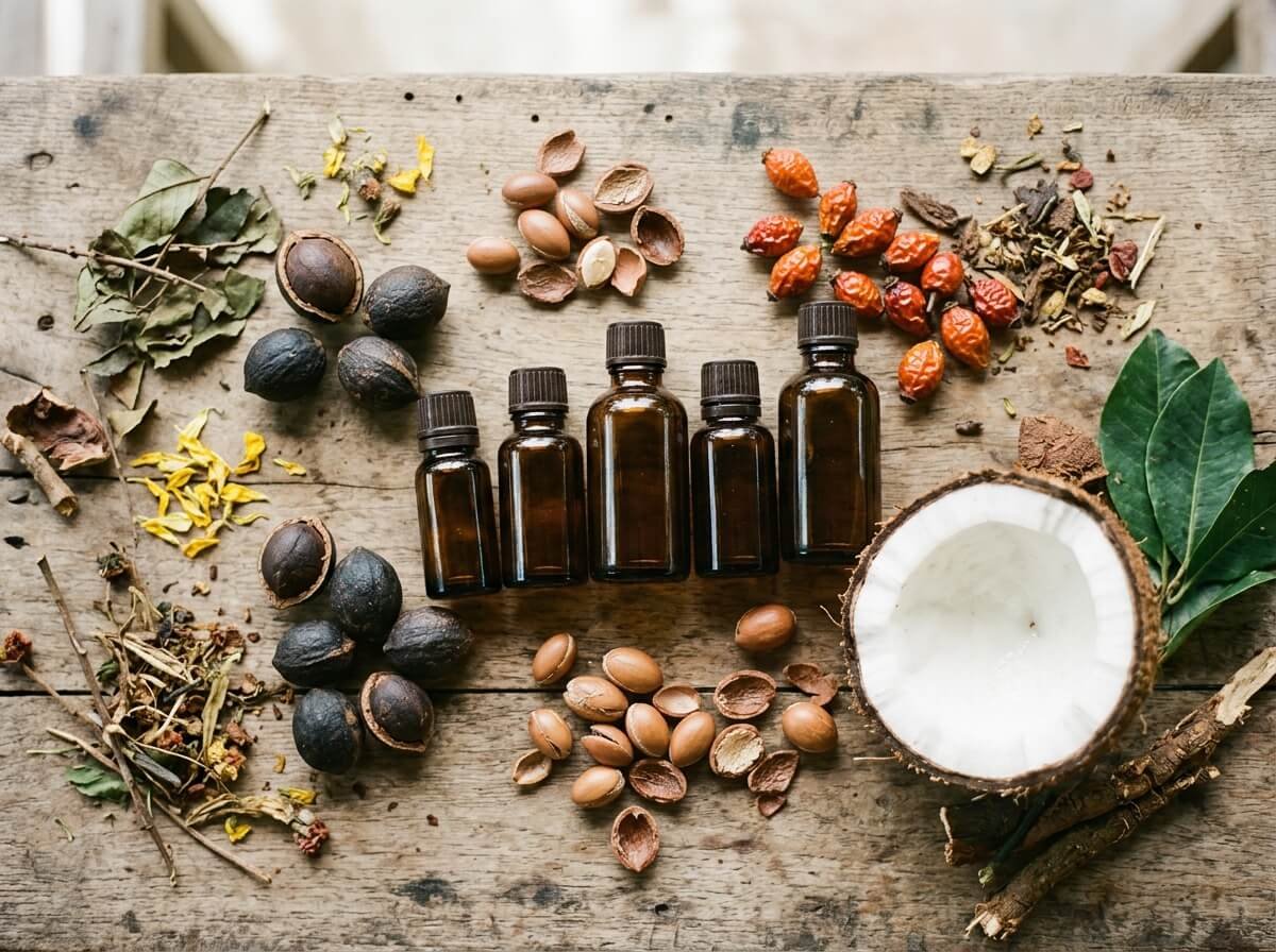 natural stretch mark oil botanicals, tamanu argan rosehip and coconut on wood