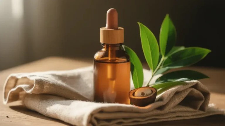 natural stretch mark oil in an amber glass bottle on linen
