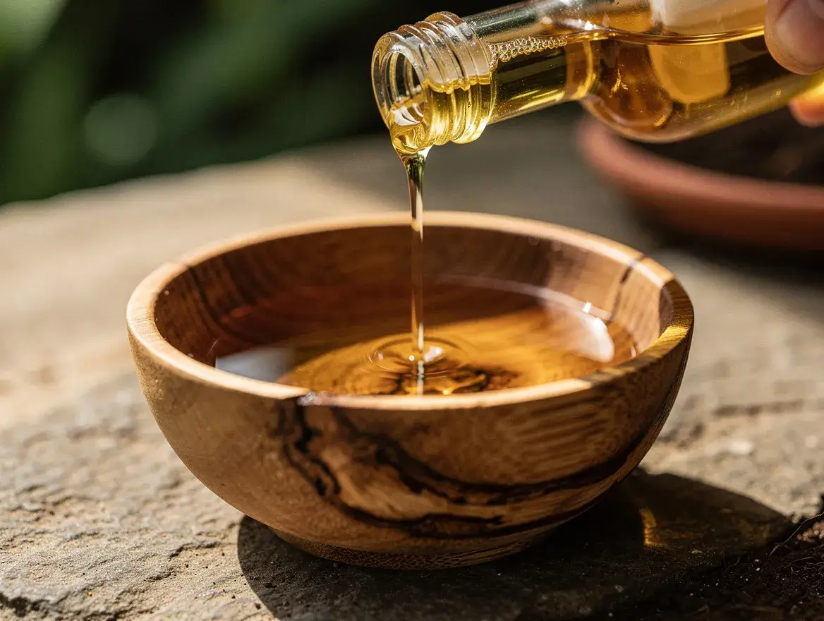 what a natural stretch mark oil is, golden botanical oil poured into a wooden bowl