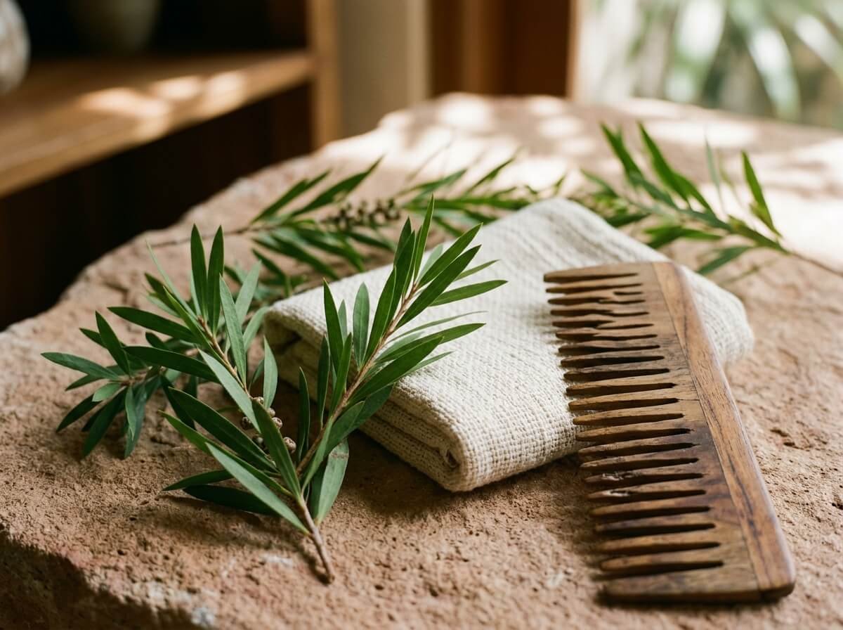tea tree shampoo frequently asked questions, botanical still life with towel and comb