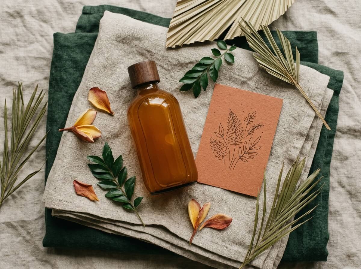 how to read a tea tree shampoo label, bottle on linen with ingredient card