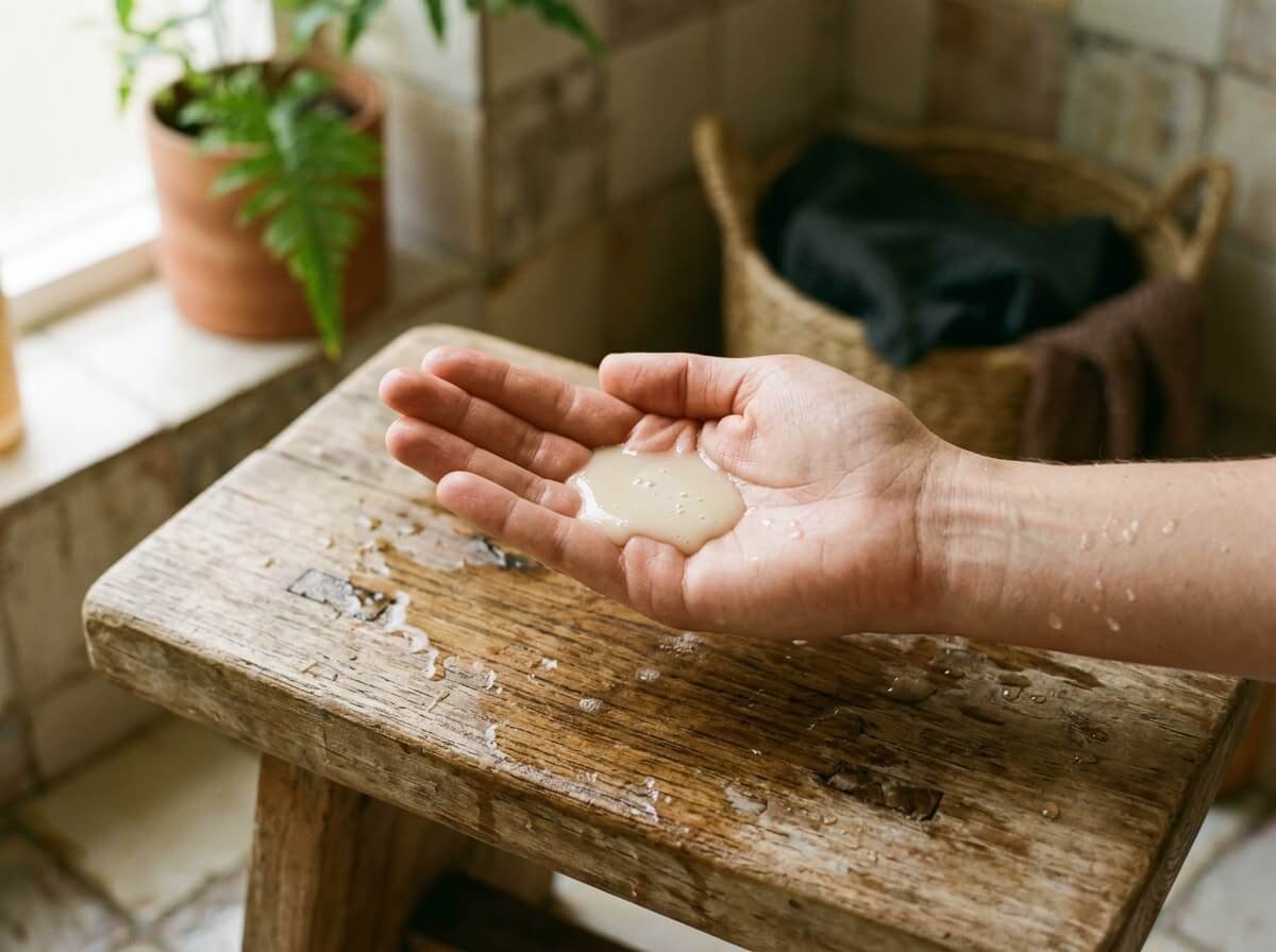 pale shampoo poured into an open palm in a calm bathroom
