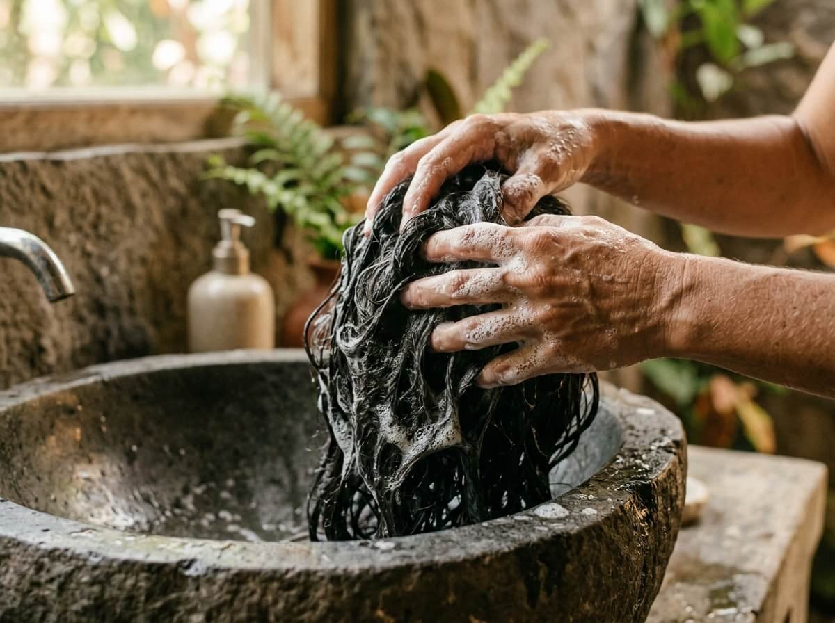 hands lathering shampoo into a wet scalp over a stone basin