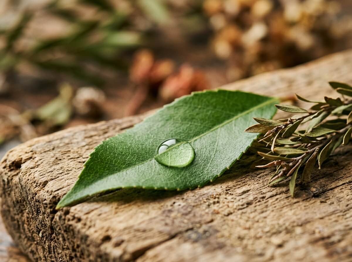 a drop of tea tree oil on a fresh melaleuca leaf