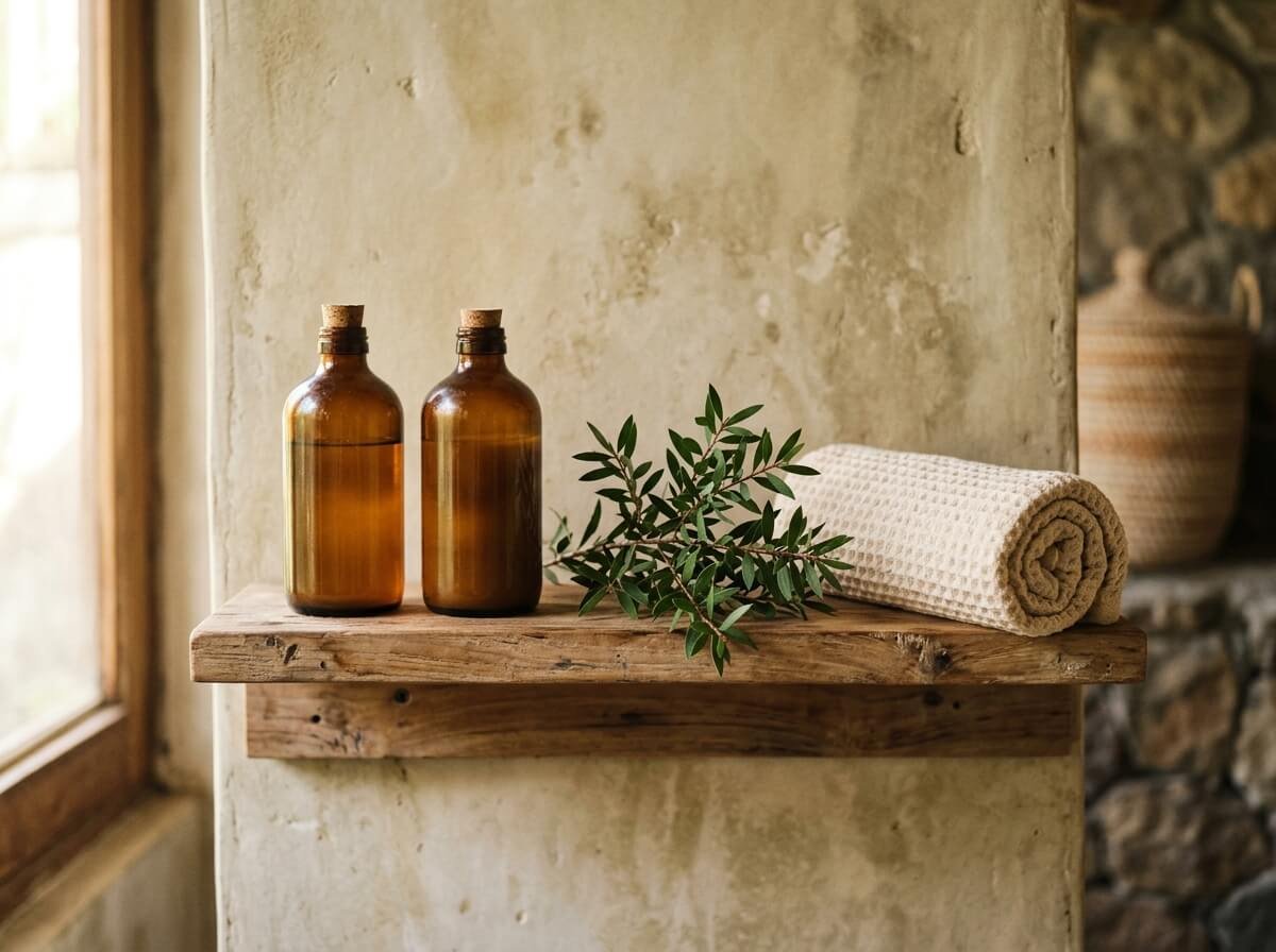 natural shampoo and conditioner on a wooden bathroom shelf with a tea tree sprig