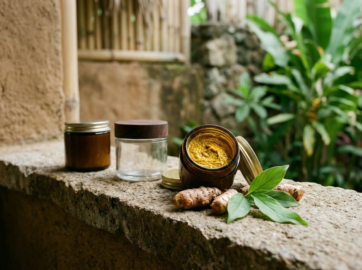 choosing turmeric skincare, glass jars on a stone shelf
