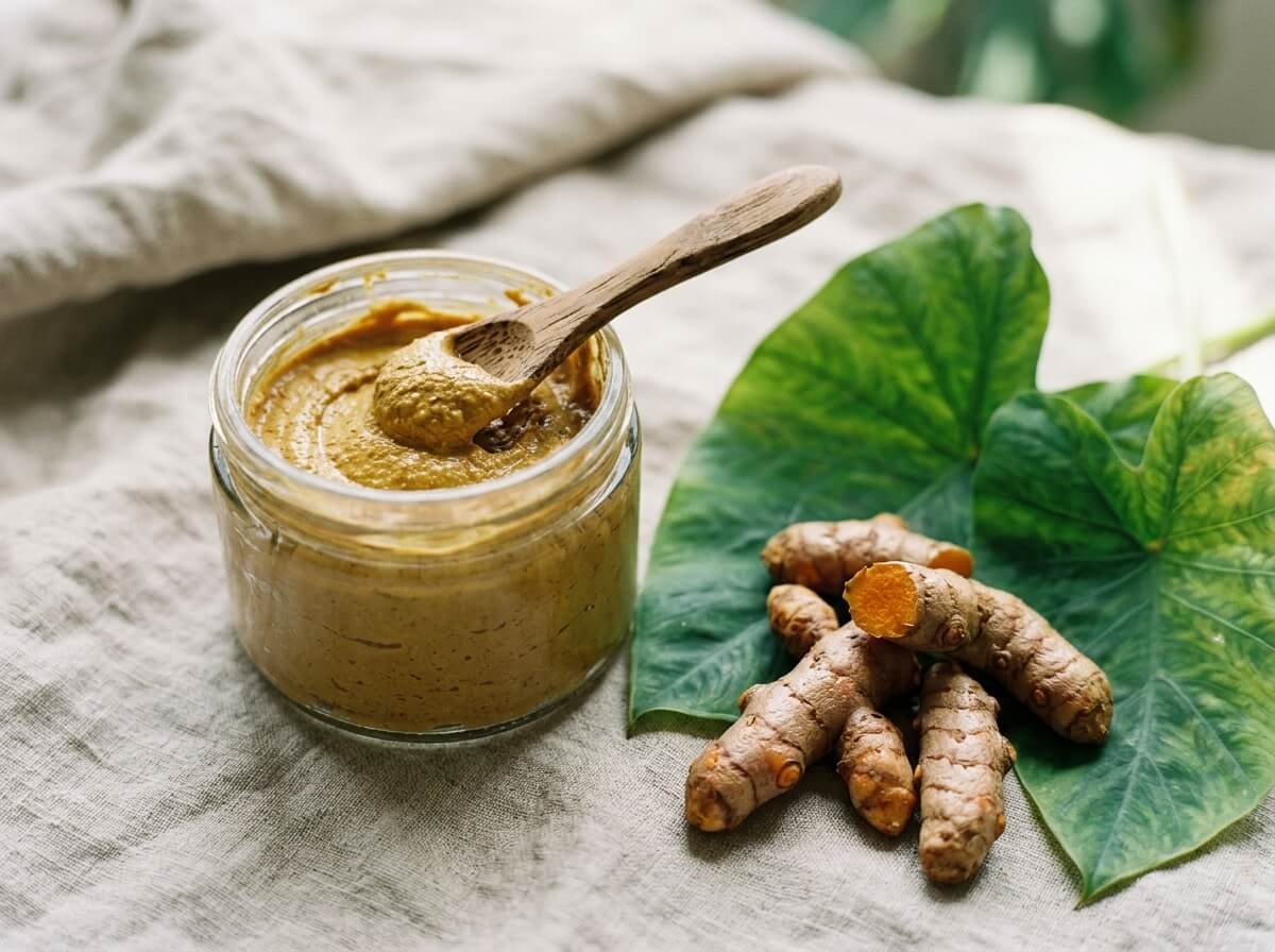 golden turmeric clay face mask in a glass jar with applicator