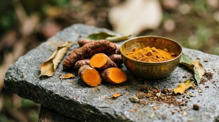 turmeric for skin: fresh kunyit roots and golden powder on stone