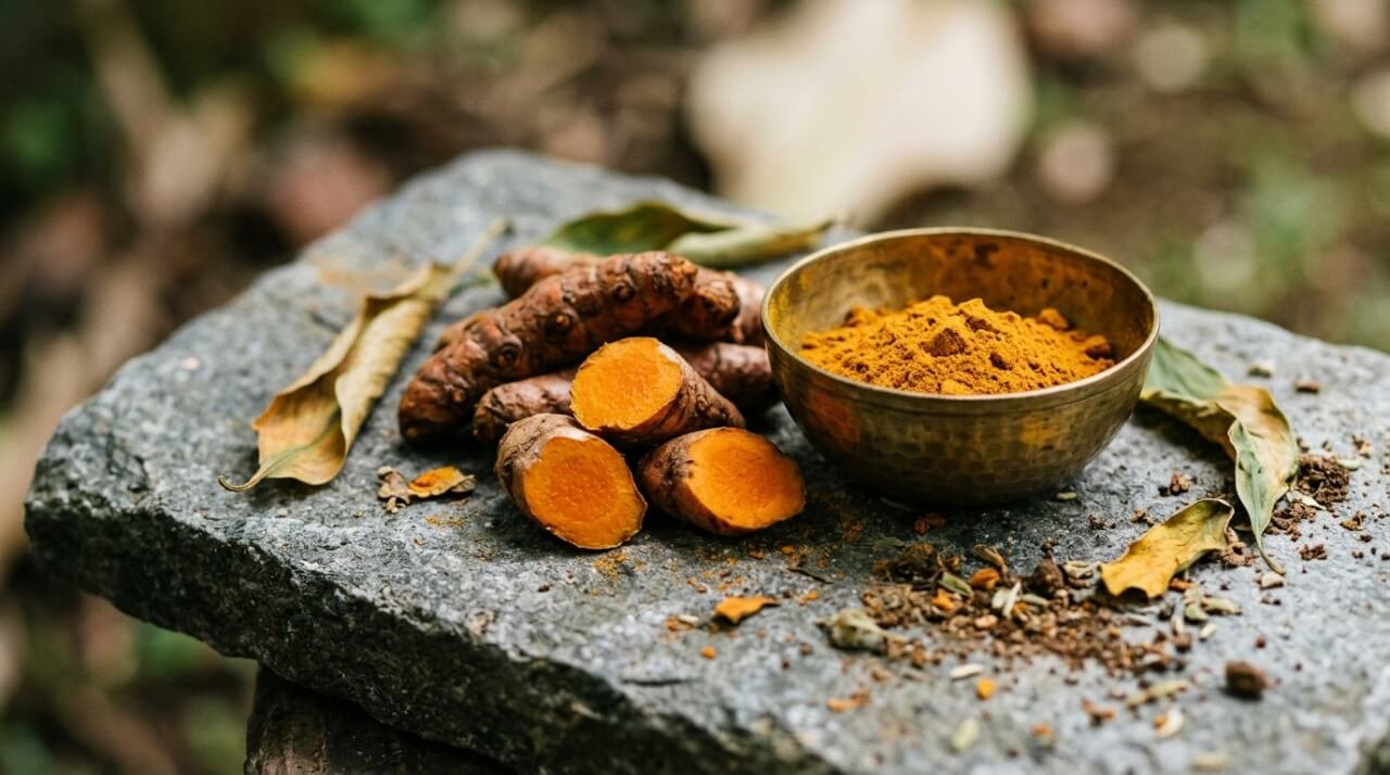 turmeric for skin: fresh kunyit roots and golden powder on stone