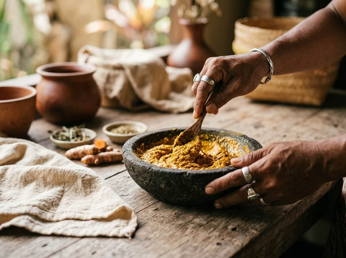 mixing a turmeric face mask paste in a stone bowl