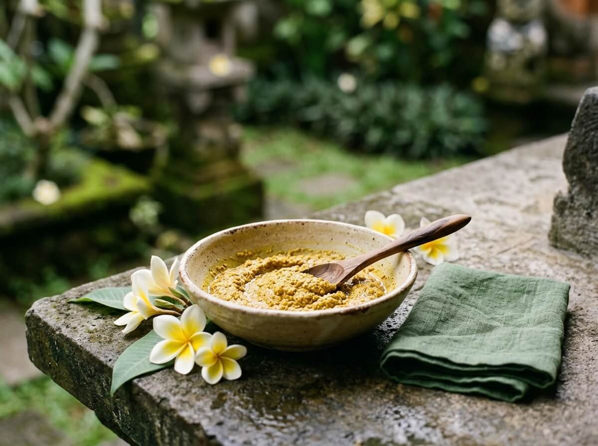 golden turmeric lulur paste in a bowl, Balinese ritual