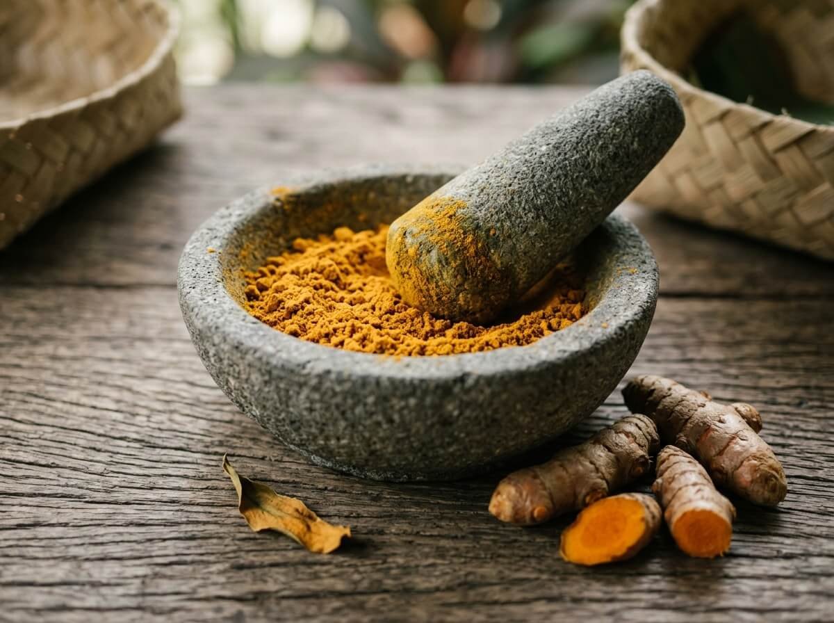 turmeric powder ground in a stone mortar, curcumin science