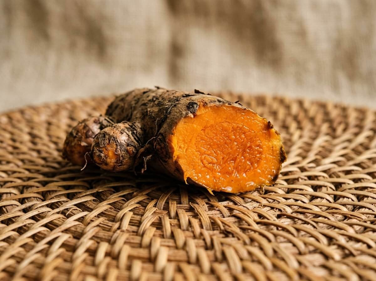 halved turmeric root showing golden interior for skincare