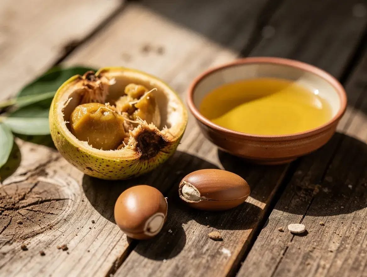 argan oil kernels and raw fruit showing cold-pressed oil source