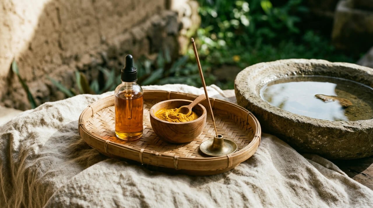 Balinese beauty rituals: oil, turmeric paste, and incense arranged for a daily ritual