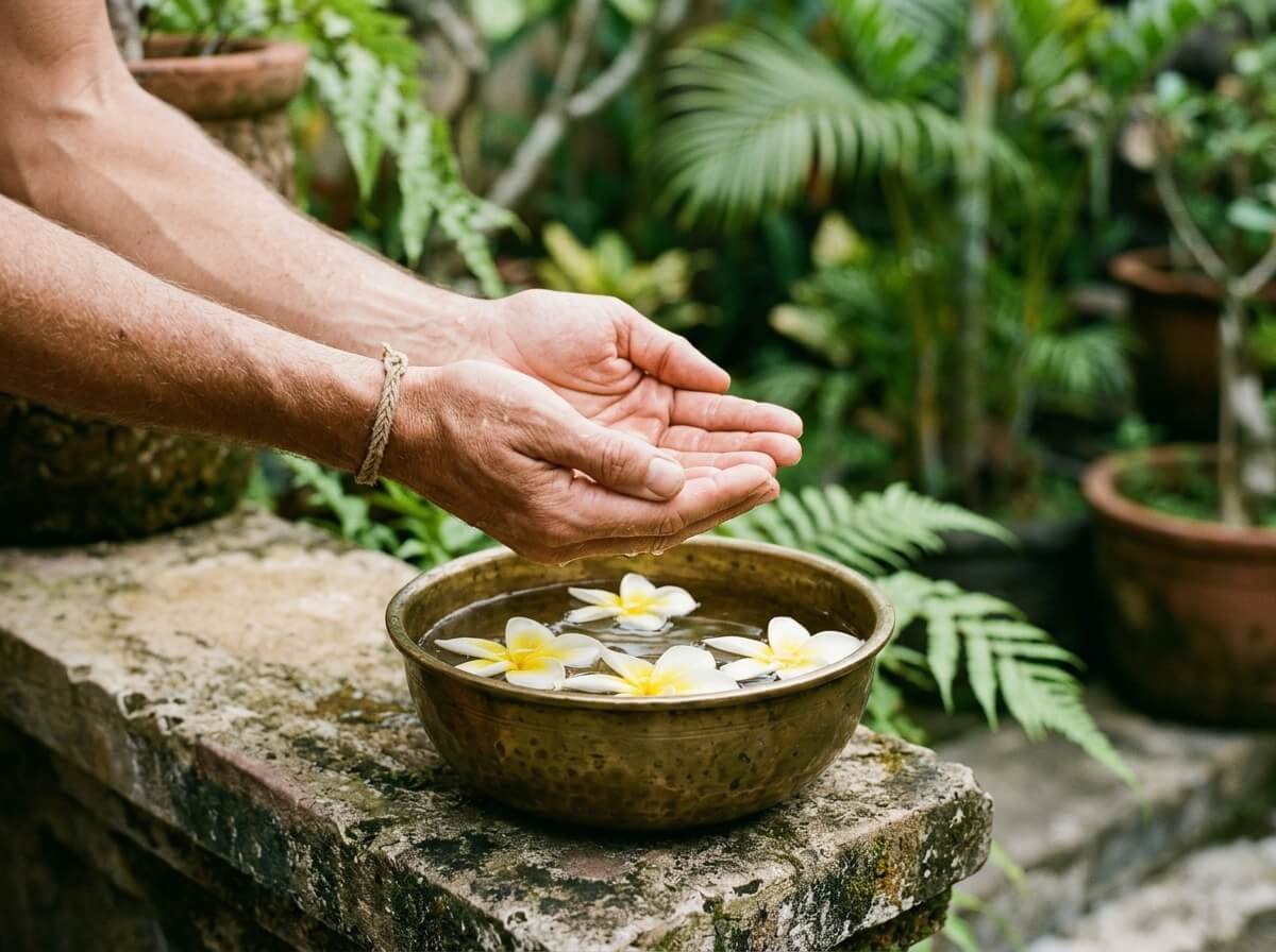 hands cupped in offering above a bowl of water and frangipani flowers