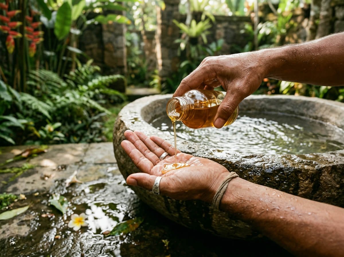 pouring coconut oil into the palm before a mandi bathing ritual