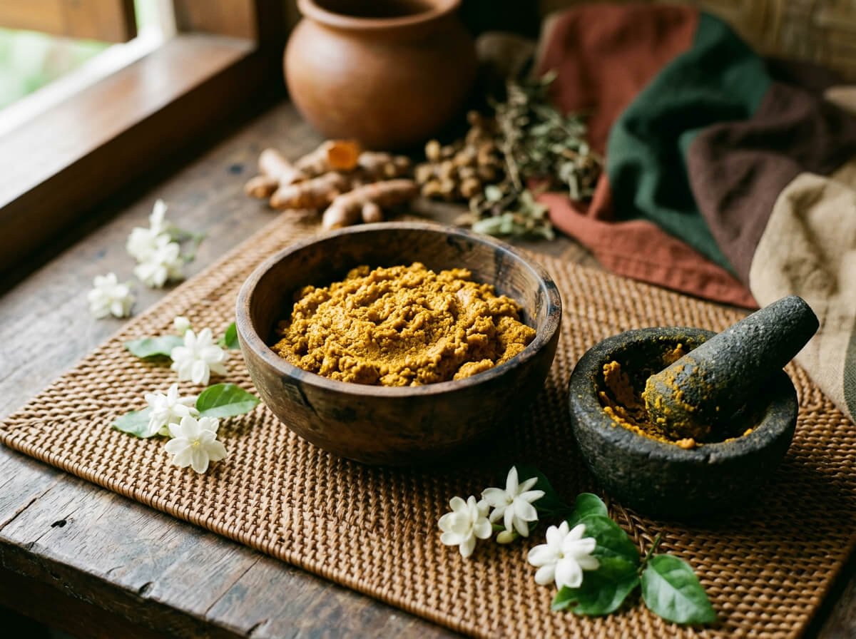 turmeric and rice flour lulur exfoliation paste in a wooden bowl