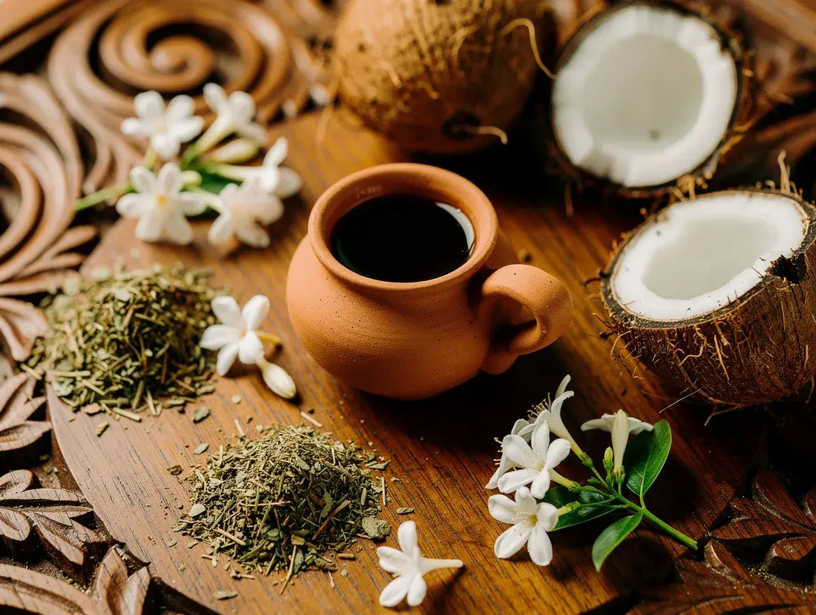 Balinese traditional hair oil ingredients on carved teak with jasmine and coconut