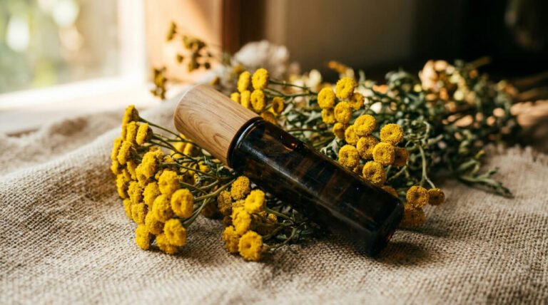blue tansy benefits for skin - roller bottle among dried tansy flowers on linen