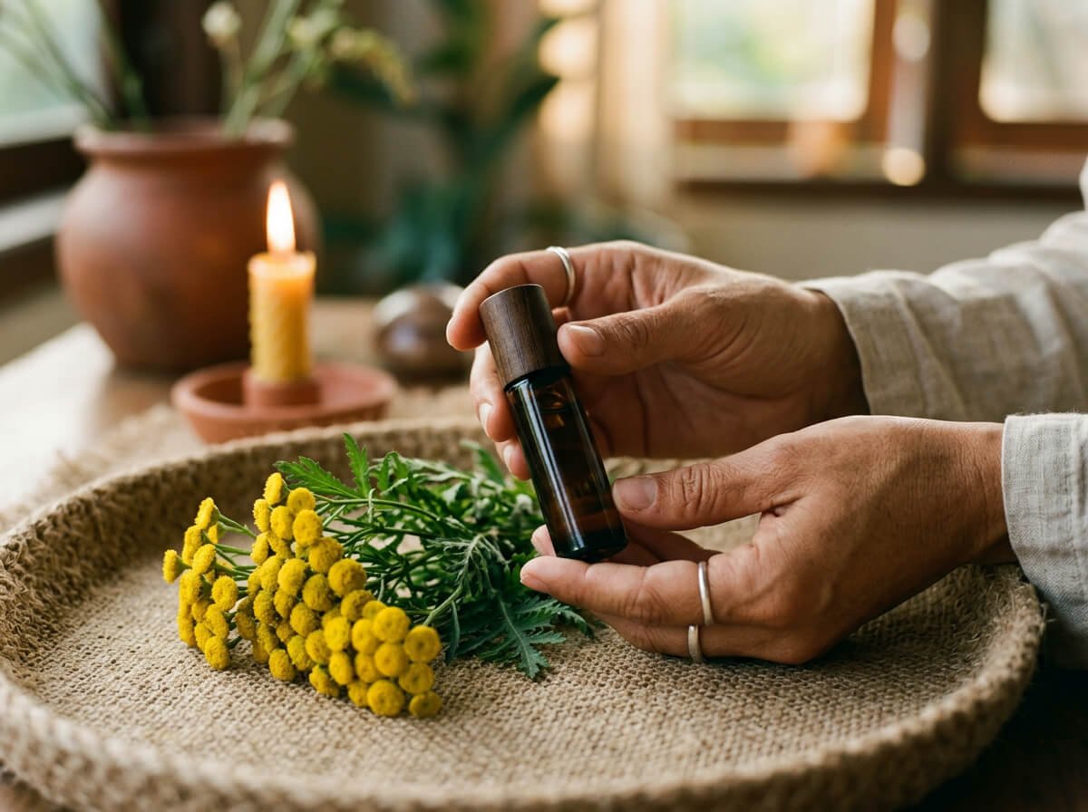 Blue tansy calming ritual with roller bottle and botanical flowers in evening practice