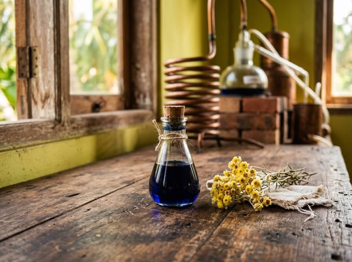 Deep blue essential oil from steam distillation showing chamazulene chemistry
