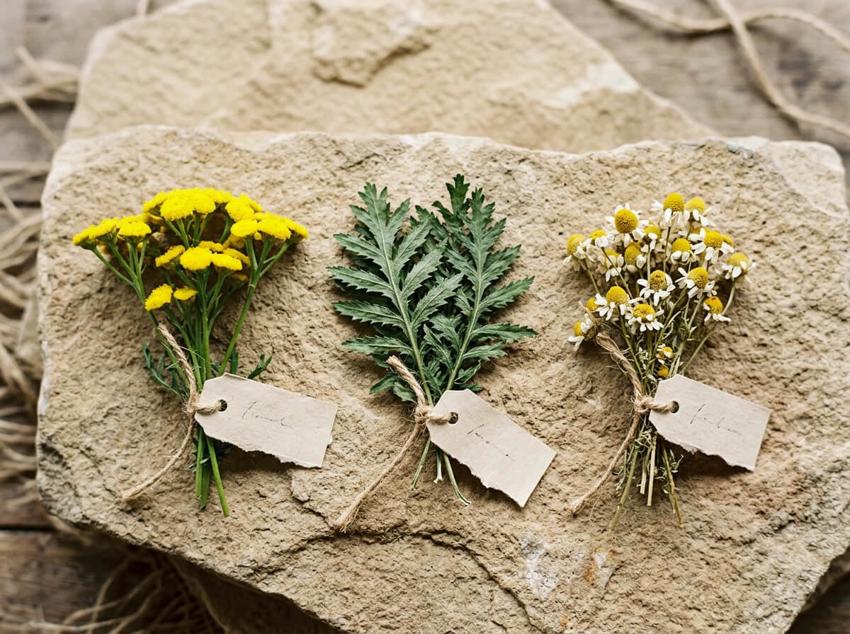 Moroccan tansy flowers and botanical specimens showing different tansy plant varieties