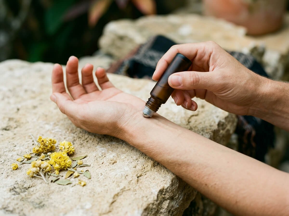 Rolling blue tansy roller bottle on wrist showing safe dilution application method