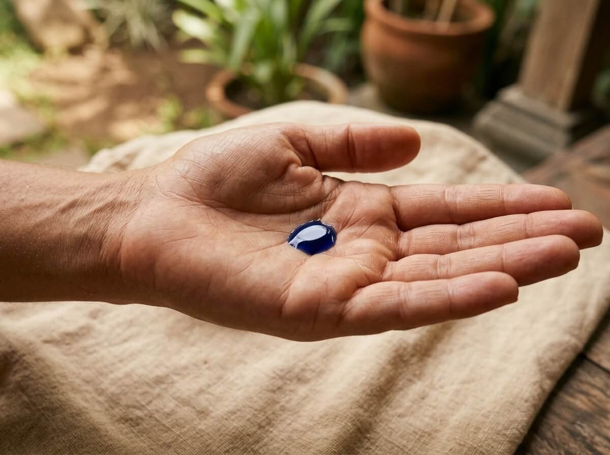 blue tansy benefits for skin: calming and antioxidant properties shown through essential oil drop on reactive skin