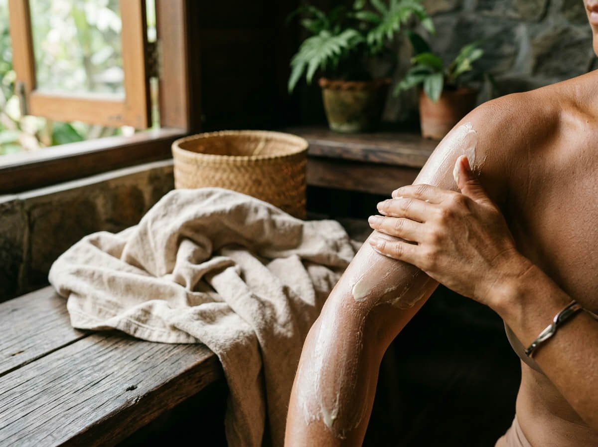 Hands applying body butter to the arm and shoulder, extending butter skin beyond the face