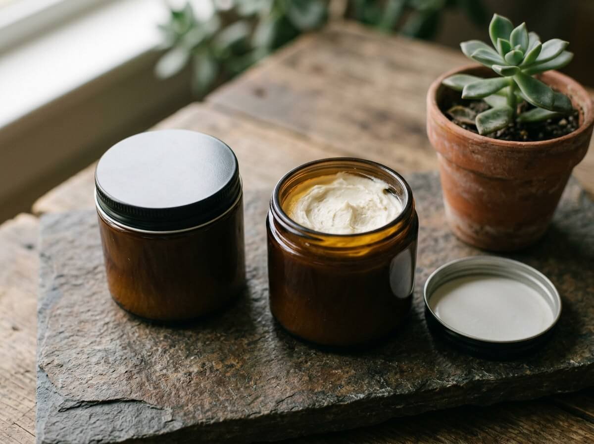Two jars of body butter on a stone tray, common questions about the butter skin ritual