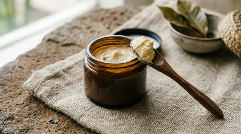 Butter skin: open jar of whipped body butter on linen and stone, the botanical base behind the trend
