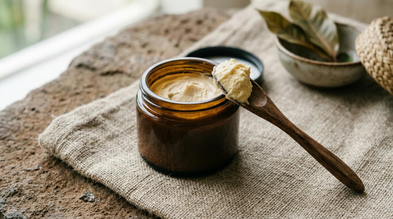 Butter skin: open jar of whipped body butter on linen and stone, the botanical base behind the trend