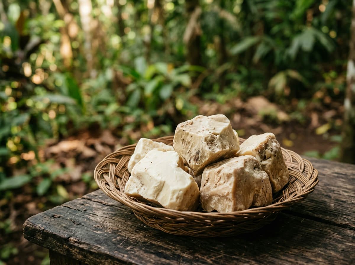 Raw illipe butter in a rattan bowl, the wild-harvested ingredient behind butter skin