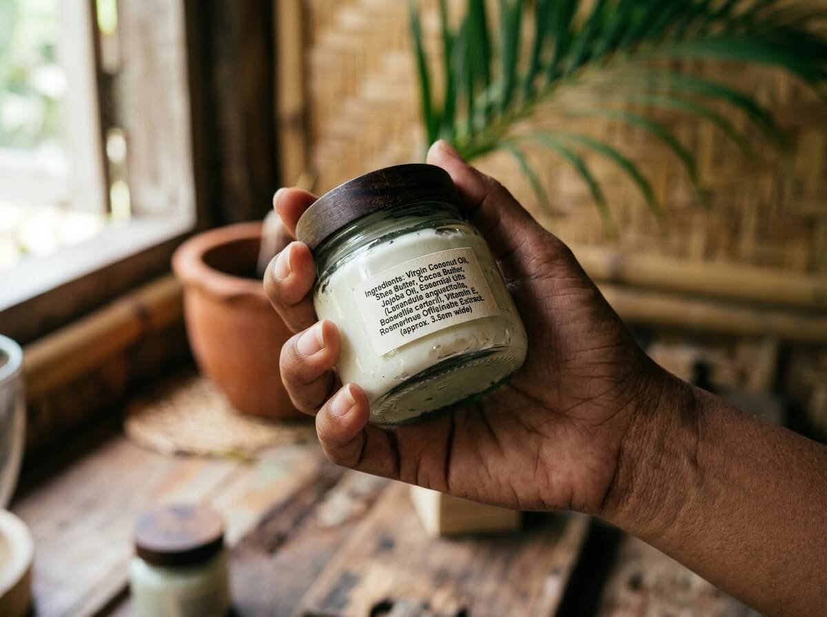 Reading the ingredient label on a body butter jar before buying into the butter skin trend