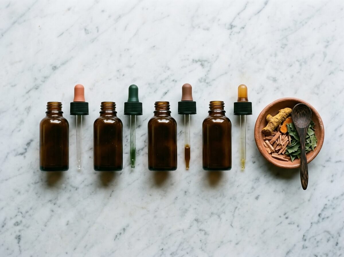 Row of layered serum bottles representing the multi-step ceramide and squalane routine