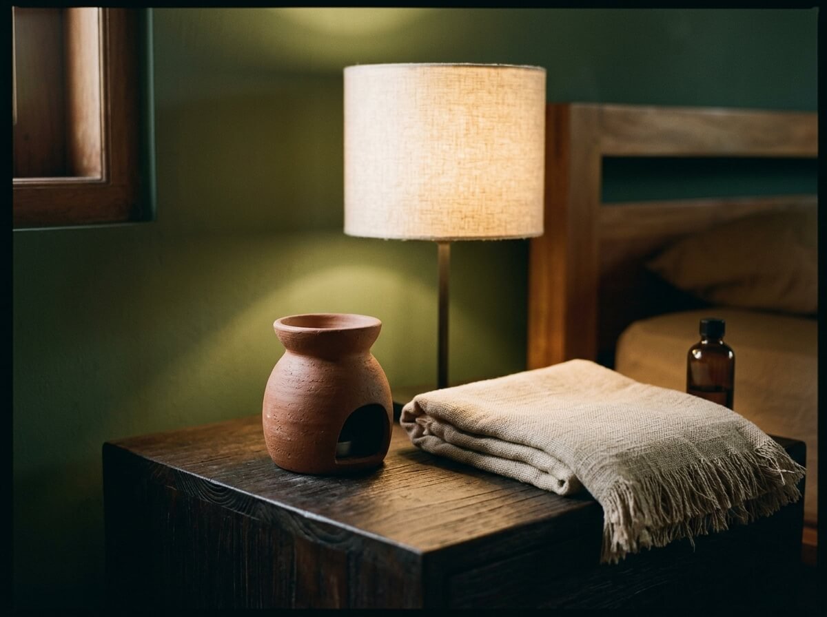 cozy bedside table with a small ceramic diffuser beside a lamp at dusk