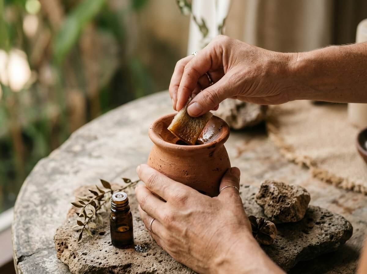 hands placing an oil refill pad into a terracotta ceramic diffuser