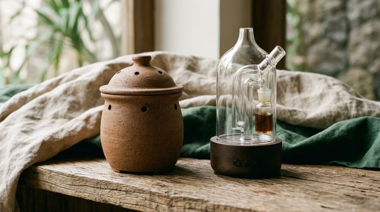 ceramic diffuser vs nebulizing diffuser comparison on wooden shelf