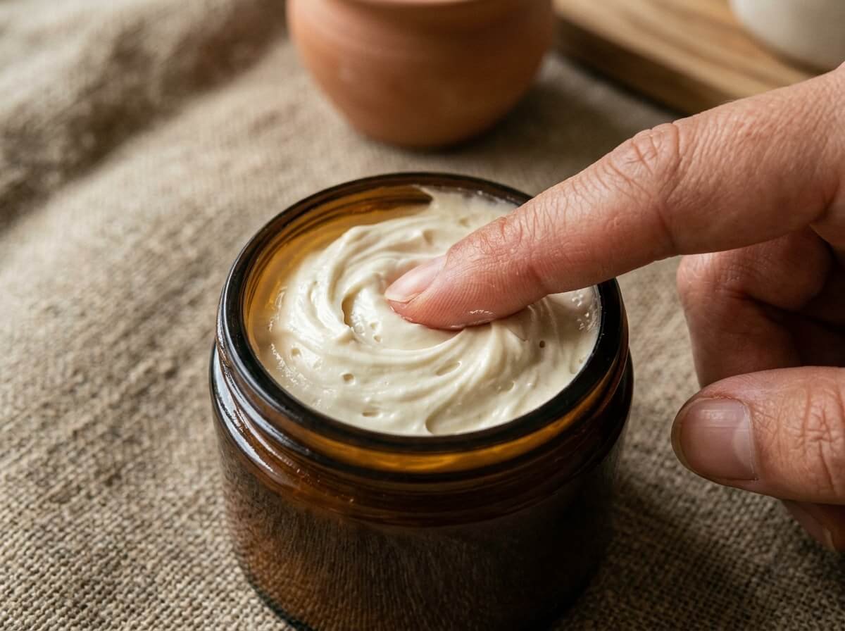 fingertip pressing into whipped cocoa body butter texture