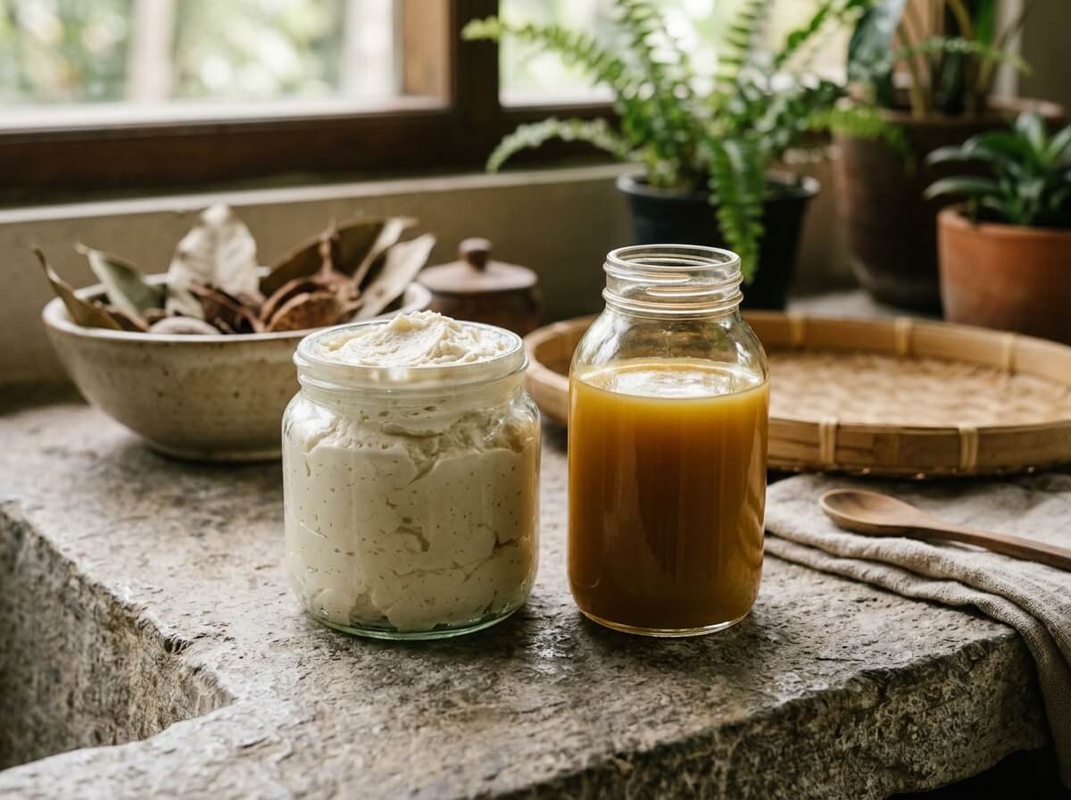whipped body butter jar and pourable lotion bottle side by side