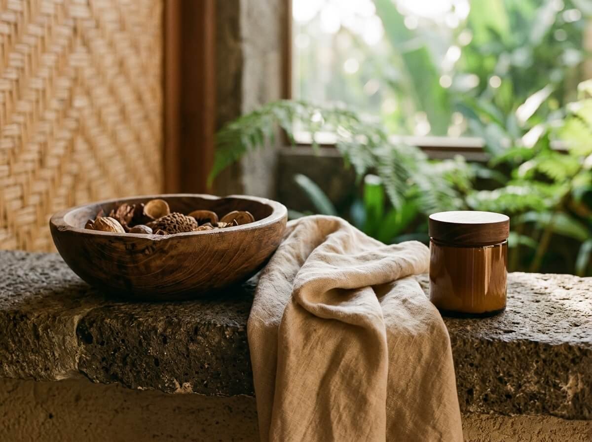 cocoa body butter jar on a stone shelf, quiet still life