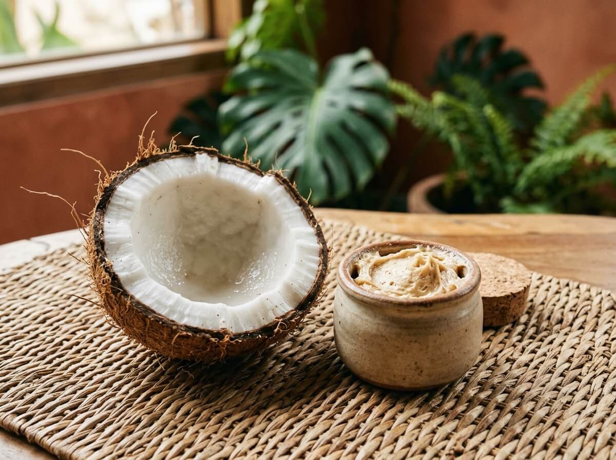 coconut and cocoa body butter arranged together for a layering ritual