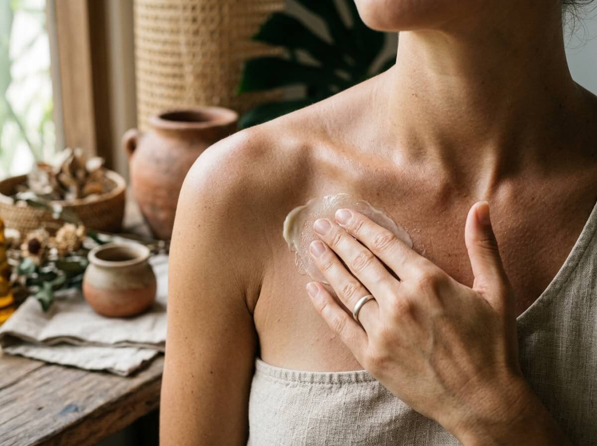 applying body butter to the shoulder rather than the face
