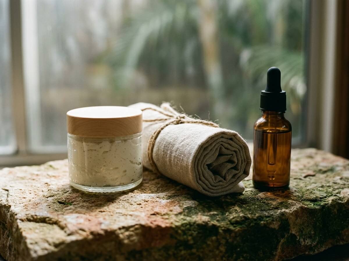 body butter and oil arranged for a scar and stretch mark care ritual